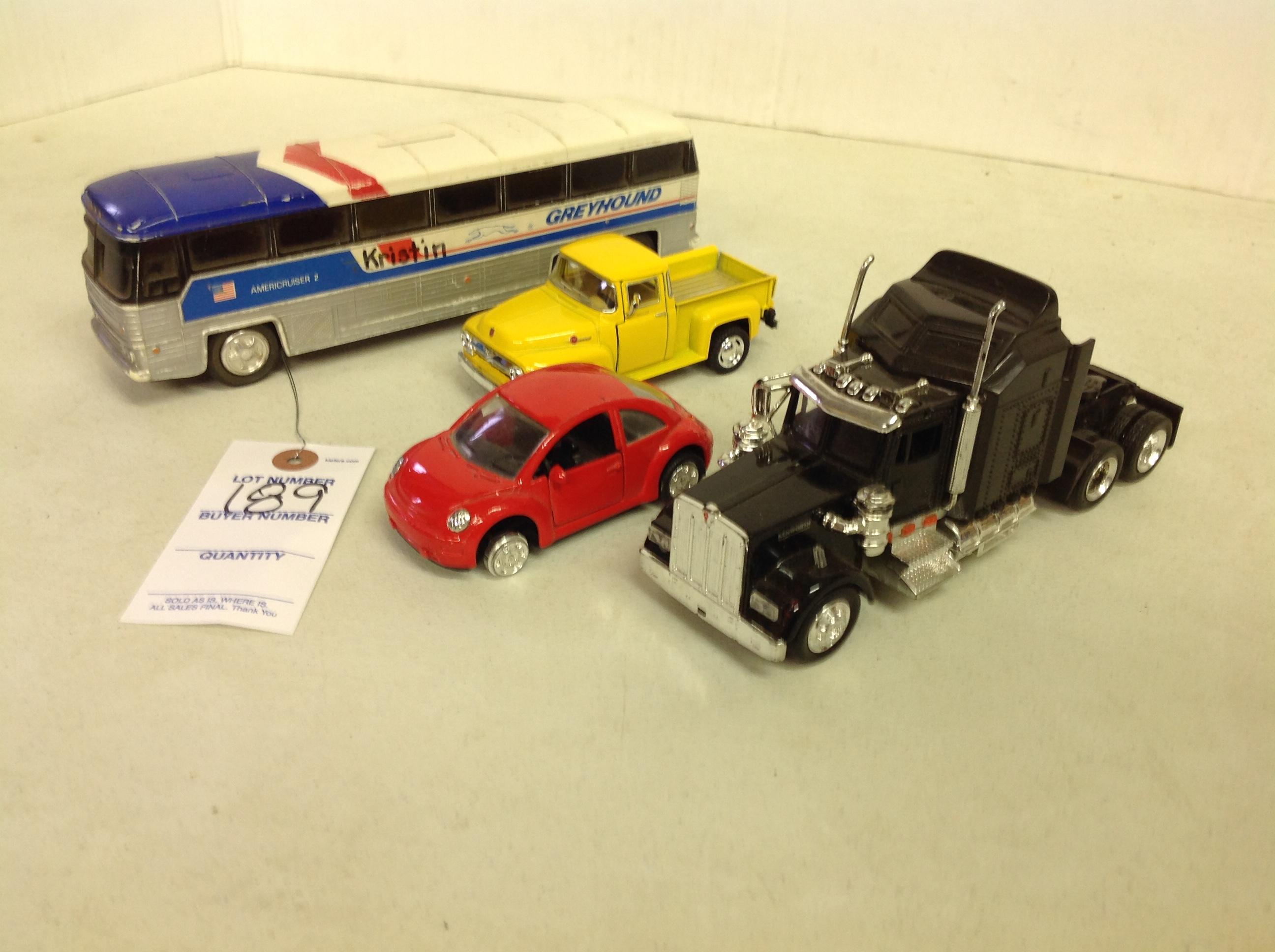 Kenworth semi, American Grey hound bus, 1956 Ford truck, Volkswagen Beetle