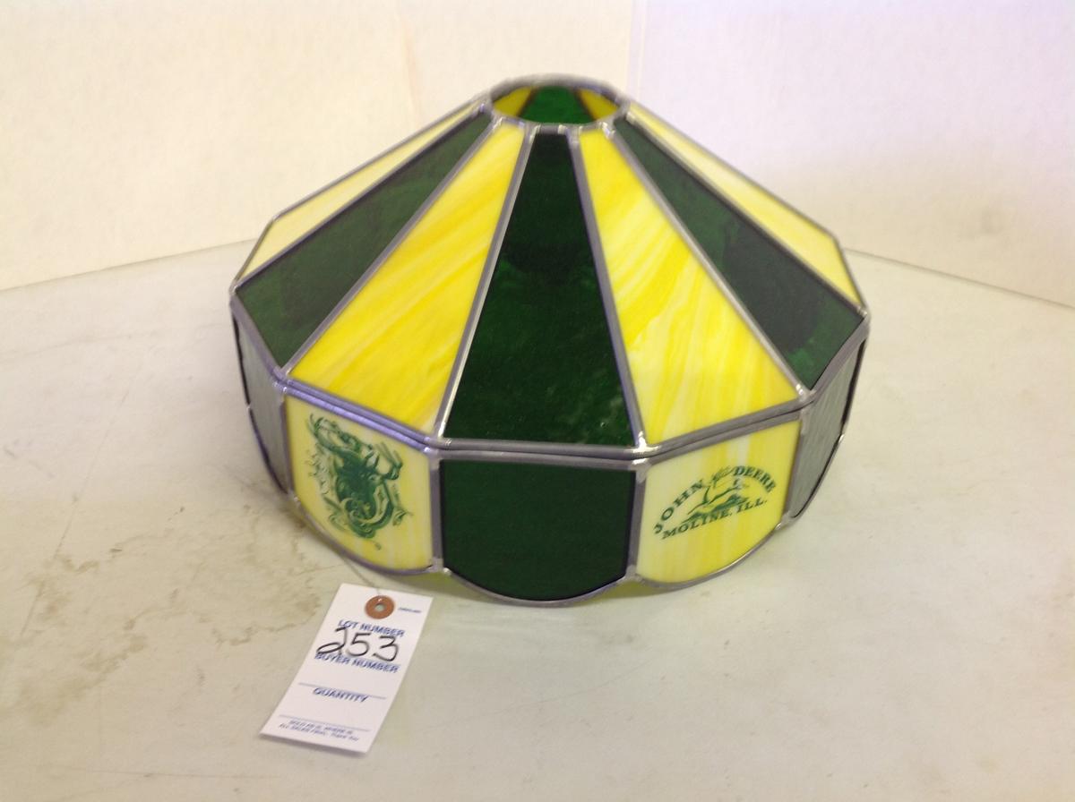 John Deere stained lead glass tractor shade w/all JD emblems from Moline, I