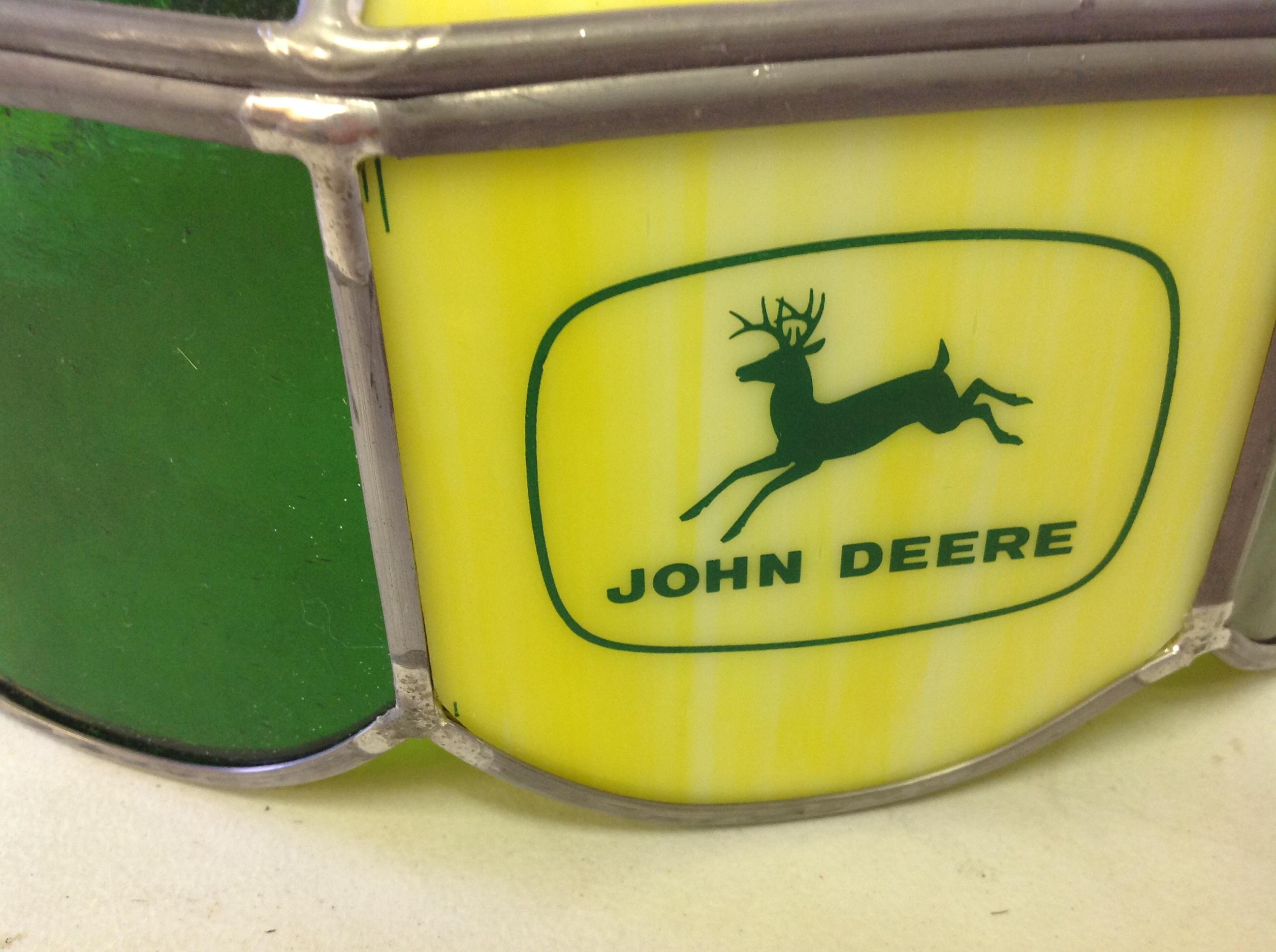 John Deere stained lead glass tractor shade w/all JD emblems from Moline, I