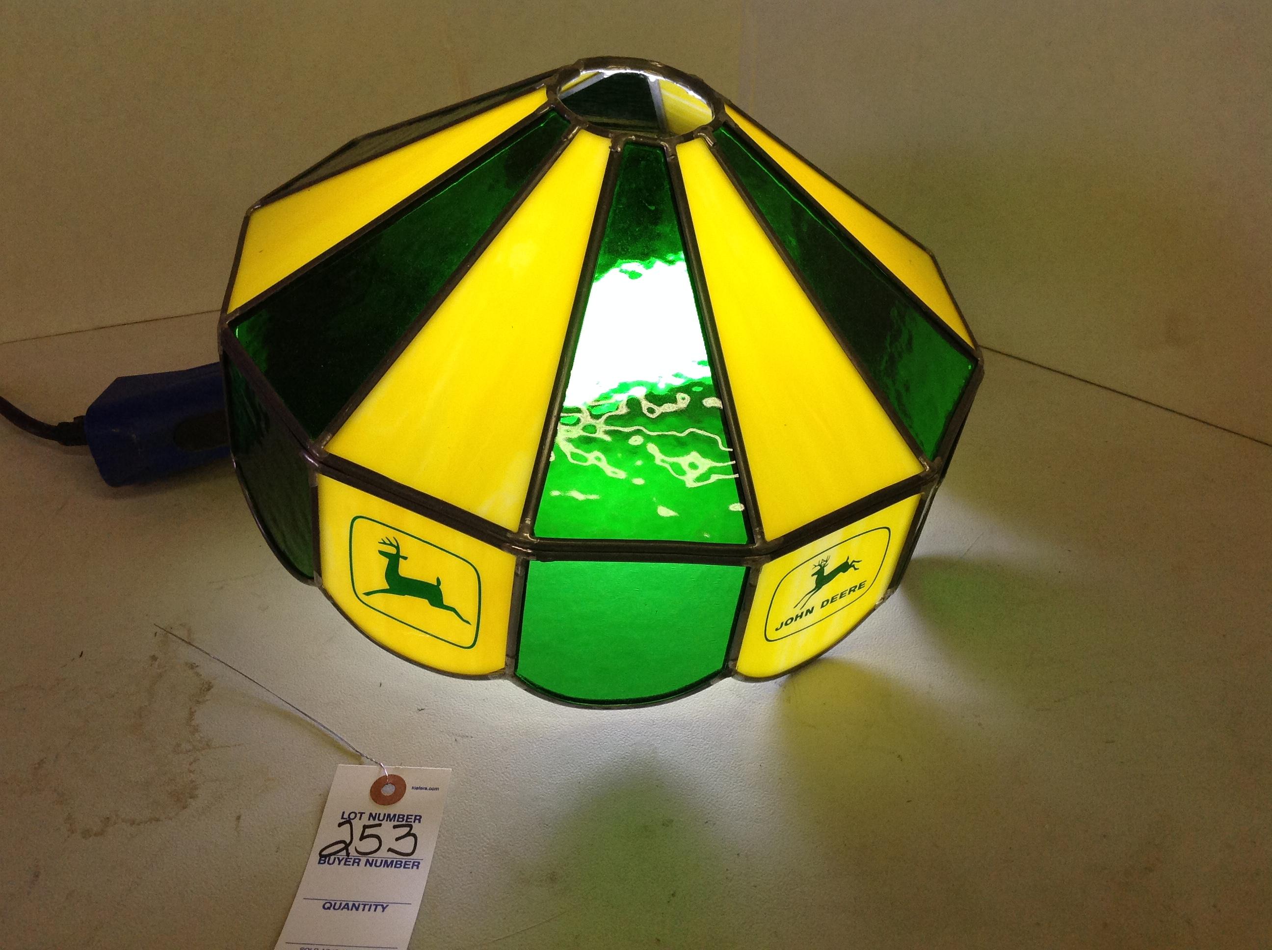 John Deere stained lead glass tractor shade w/all JD emblems from Moline, I