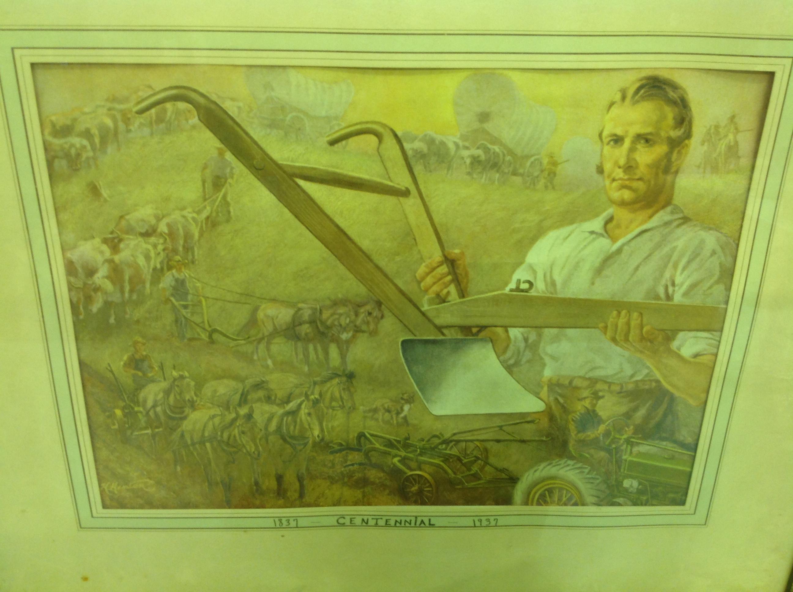 1837-1937 Centennial picture of farmers plowing, w/colored sand art plow la