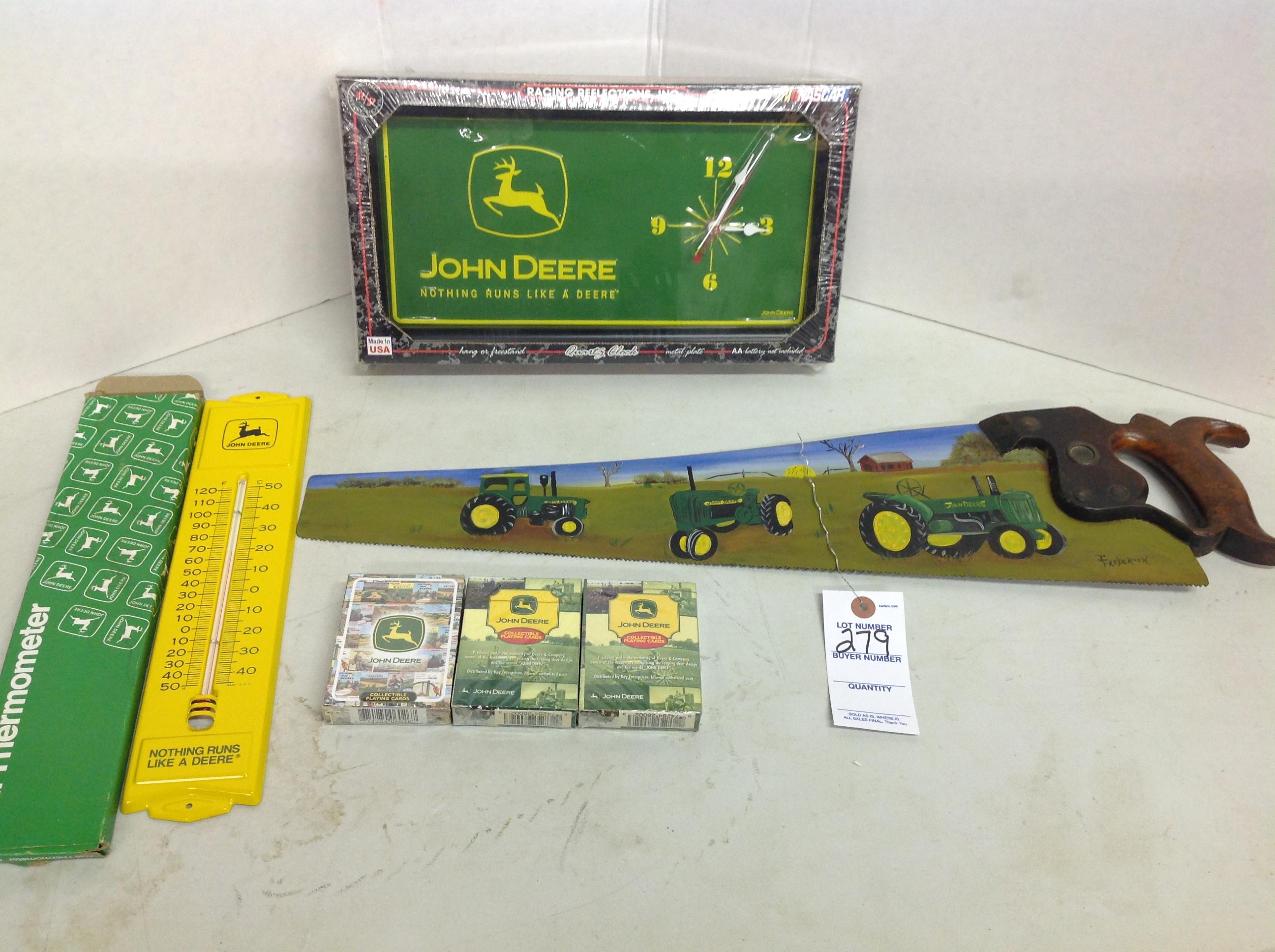 John Deere clock, thermometer, 3 deck cards & hand painted hand saw by Fred