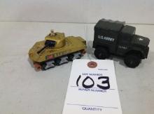 Matchbox M4 Sherman tank toy w/US ARMY truck friction wind up truck