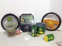 John Deere steering wheel, ice bucket, bank, and clock