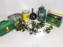Assortment of John Deere, lights, canasters, tool box, and more