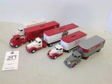 5 vintage semi's, Miller High Life, HWI, National Toy Truckin Construction,