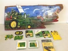 old barn board painted w/farm scence w/John Deere tractor, w/key chain