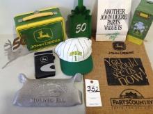 John Deere parts bags, lunch buckets, basebal hat, furnace lid, note pad, c
