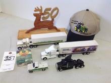 semi's, trucks, playing cards, wood deer & hat