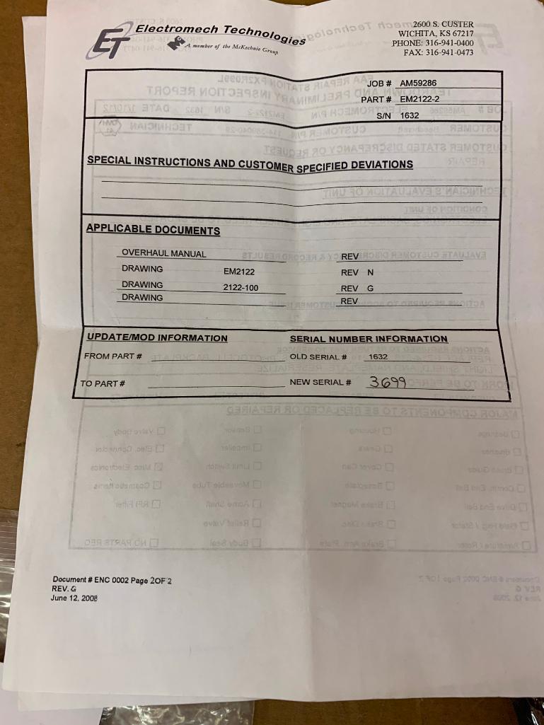 BEECH ELECTROMECH FUEL LEVEL SENSOR EM2122-2 [ALT: 114-389040-29] (REPAIRED)