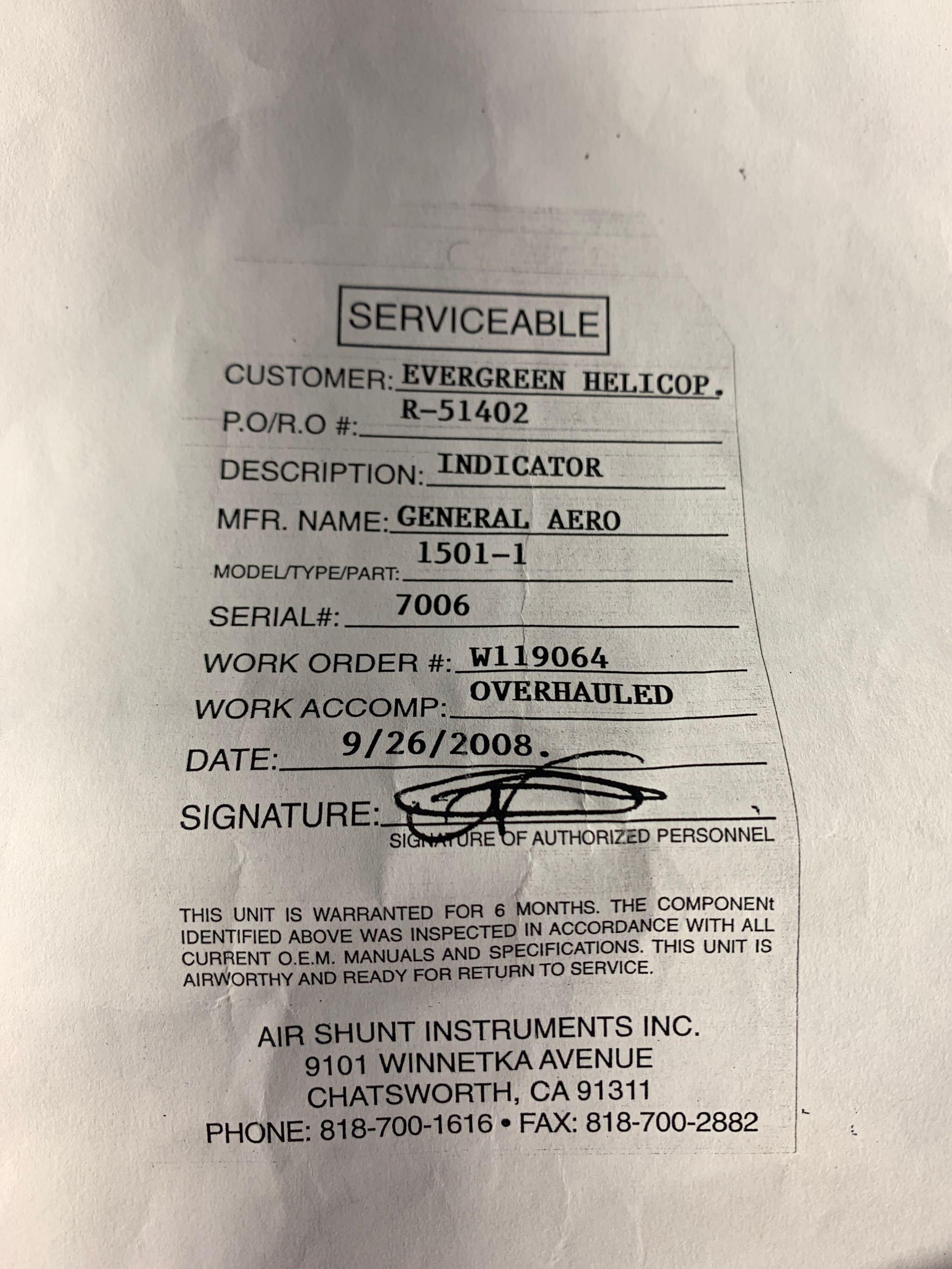 GENERAL AERO PRESSURE INDICATOR 1501-1 (SVC TAG)
