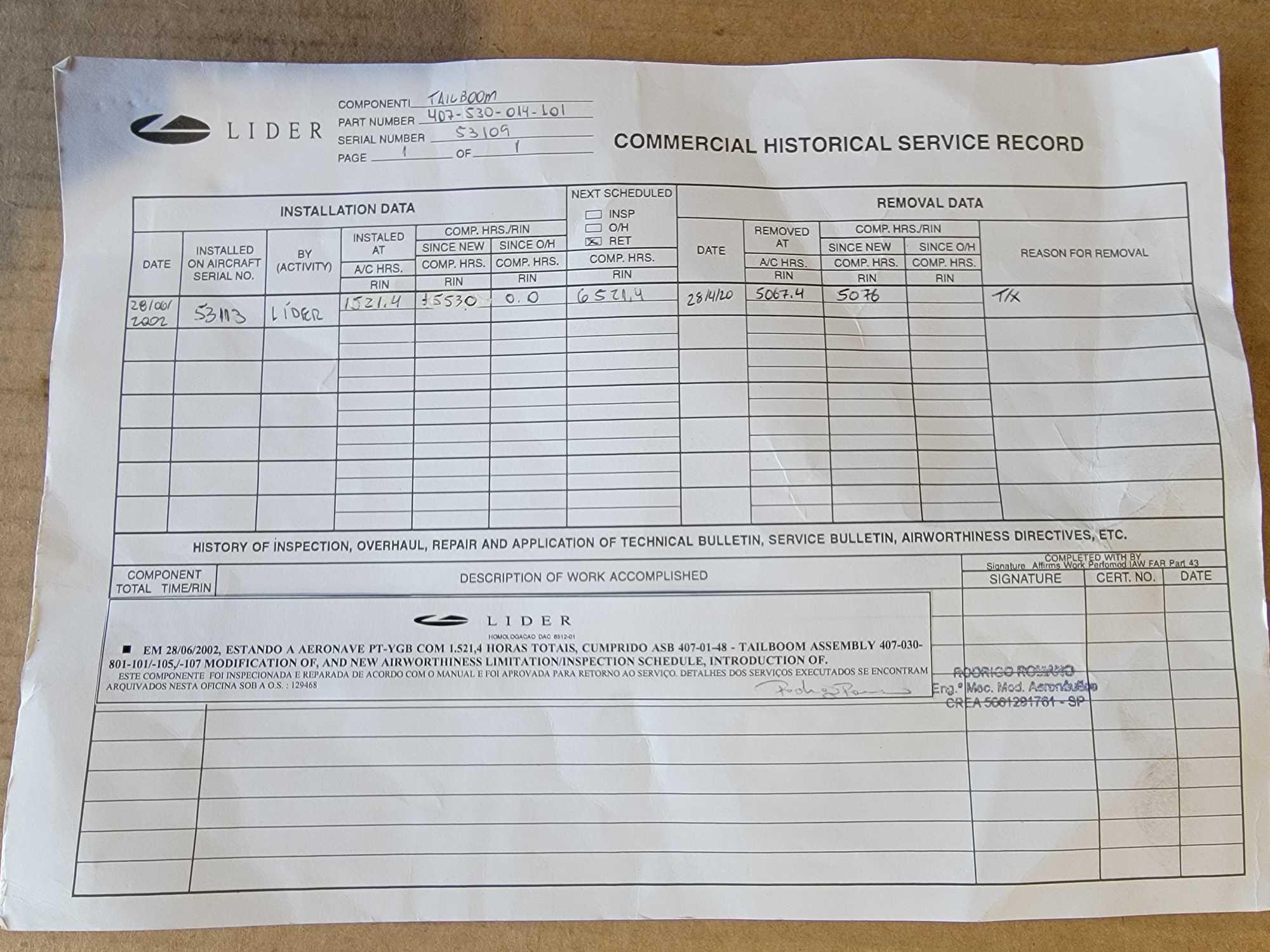 BELL 407 TAILBOOM 407-530-014-101 (WITH HARDCARD)