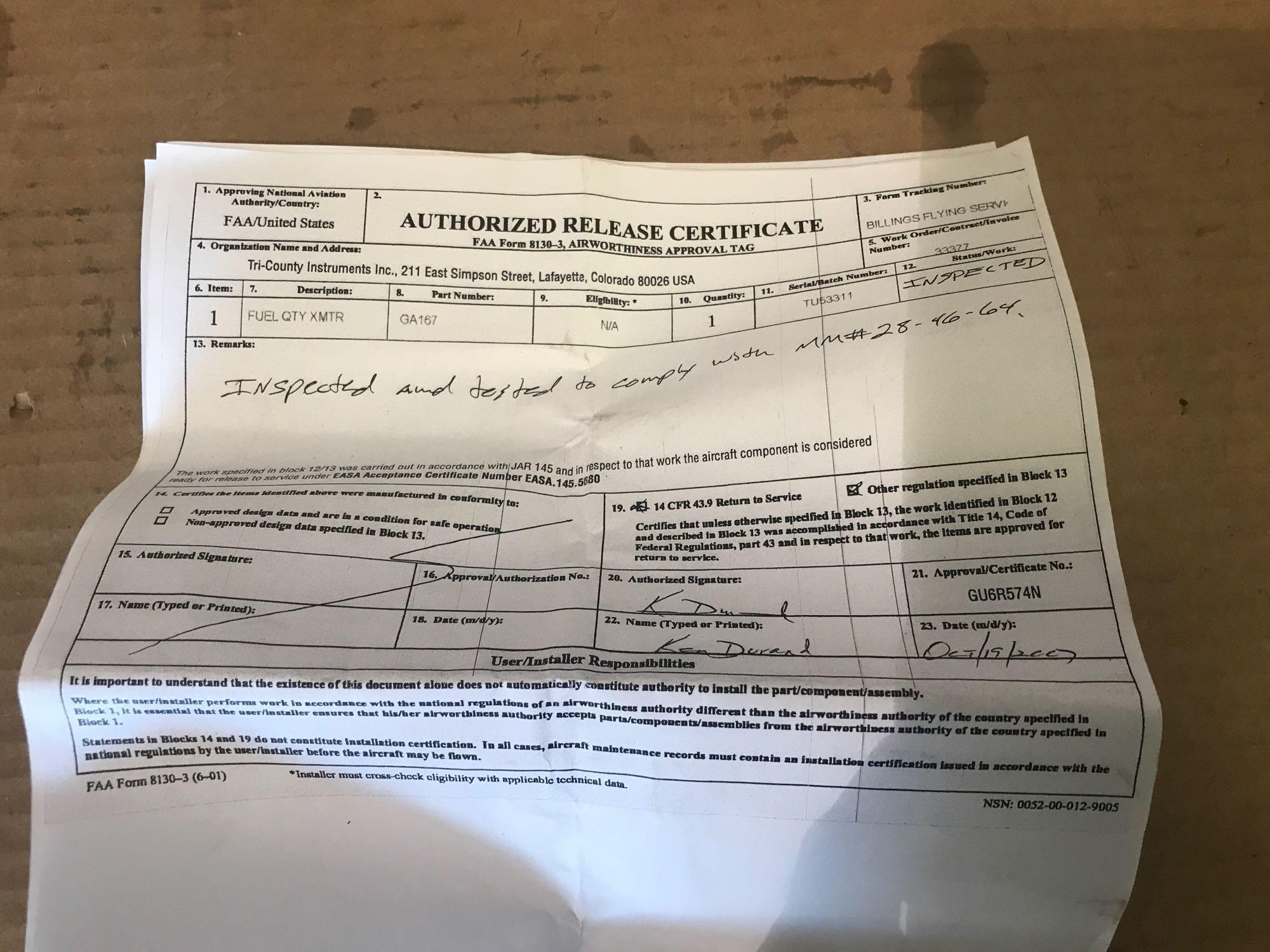 FUEL QTY TRANSMITTERS GA167 (INSPECTED)