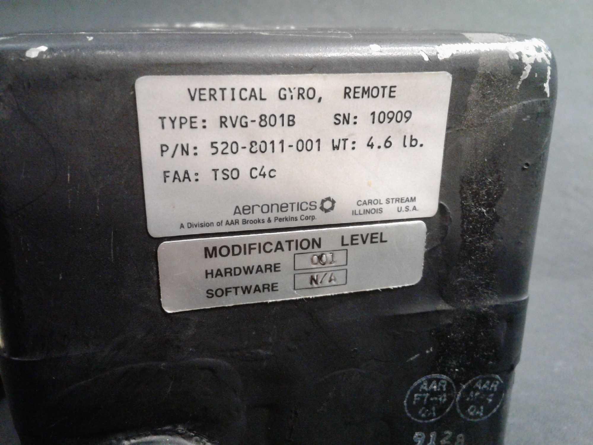 AERONETICS RVG-801B VERTICAL GYRO 520-8011-001 (BENCH CHECKED) S/N 10909