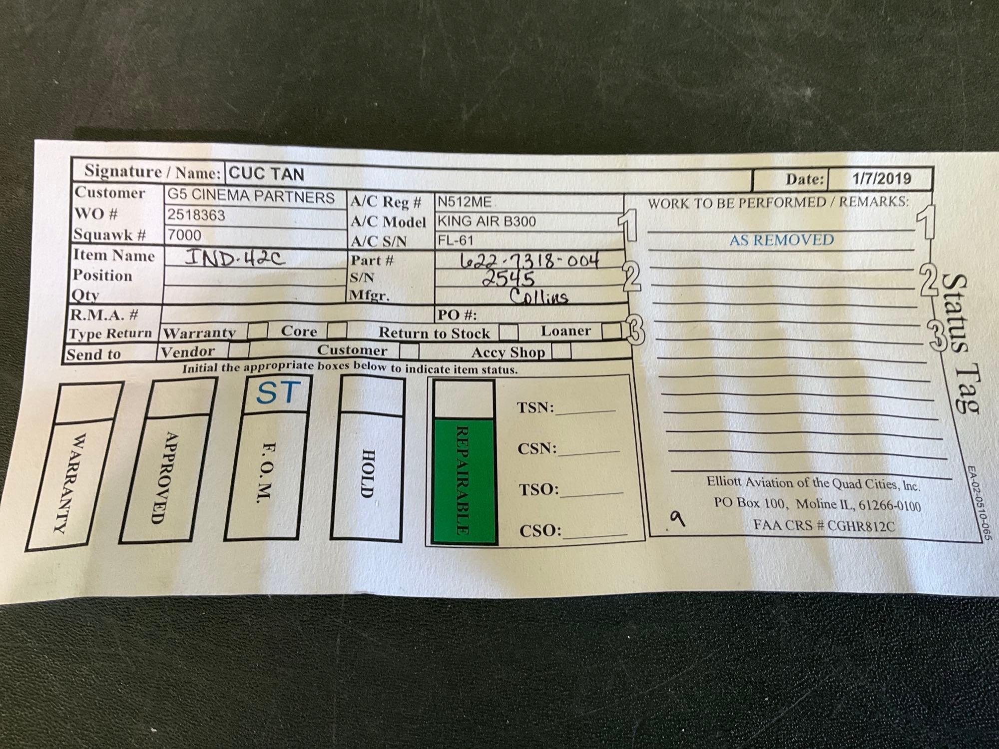 COLLINS IND-42C DME INDICATOR 622-7318-004 (NEEDS SCREEN COVER, A/R)