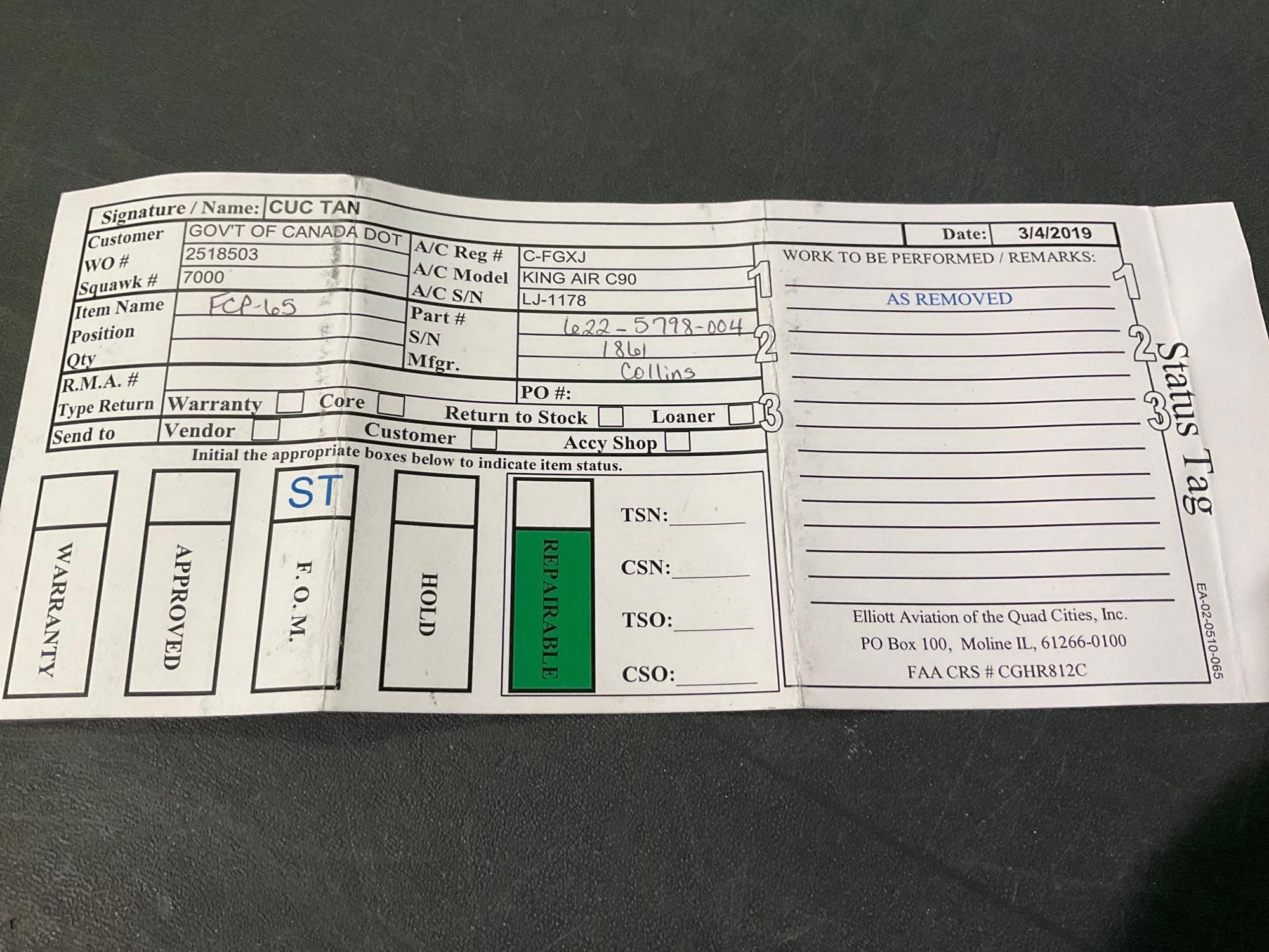 COLLINS FCP-65 CONTROL PANELS 622-5789-004 (1 A/R & 1 NO TAG)