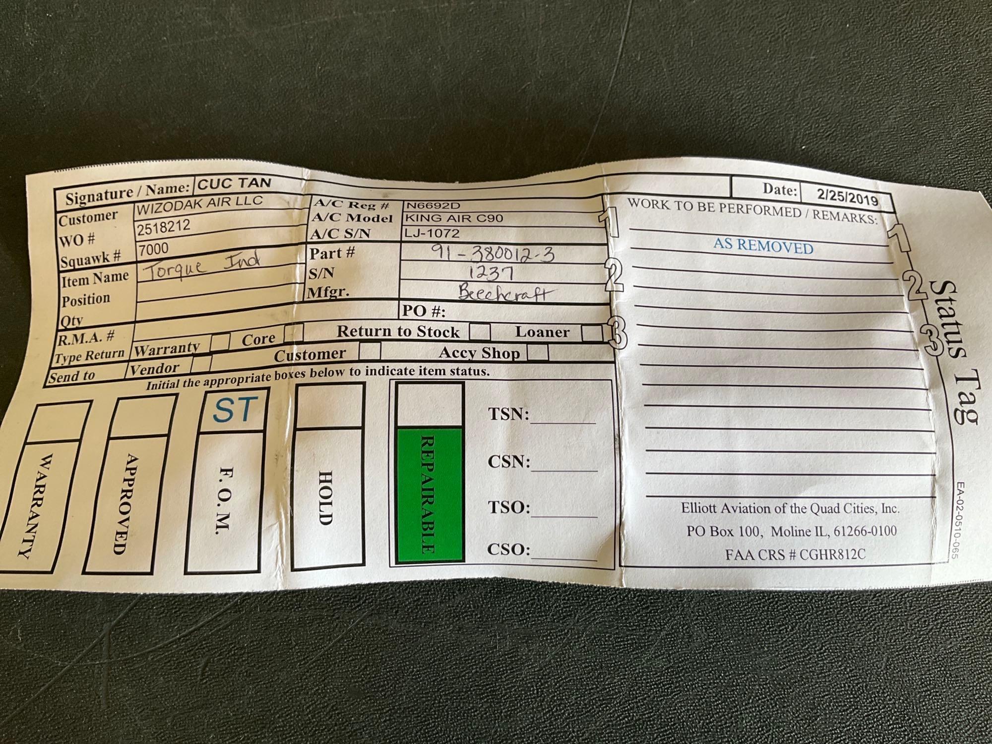 BEECHCRAFT TORQUE INDICATORS 91-380012-3 (BOTH A/R)