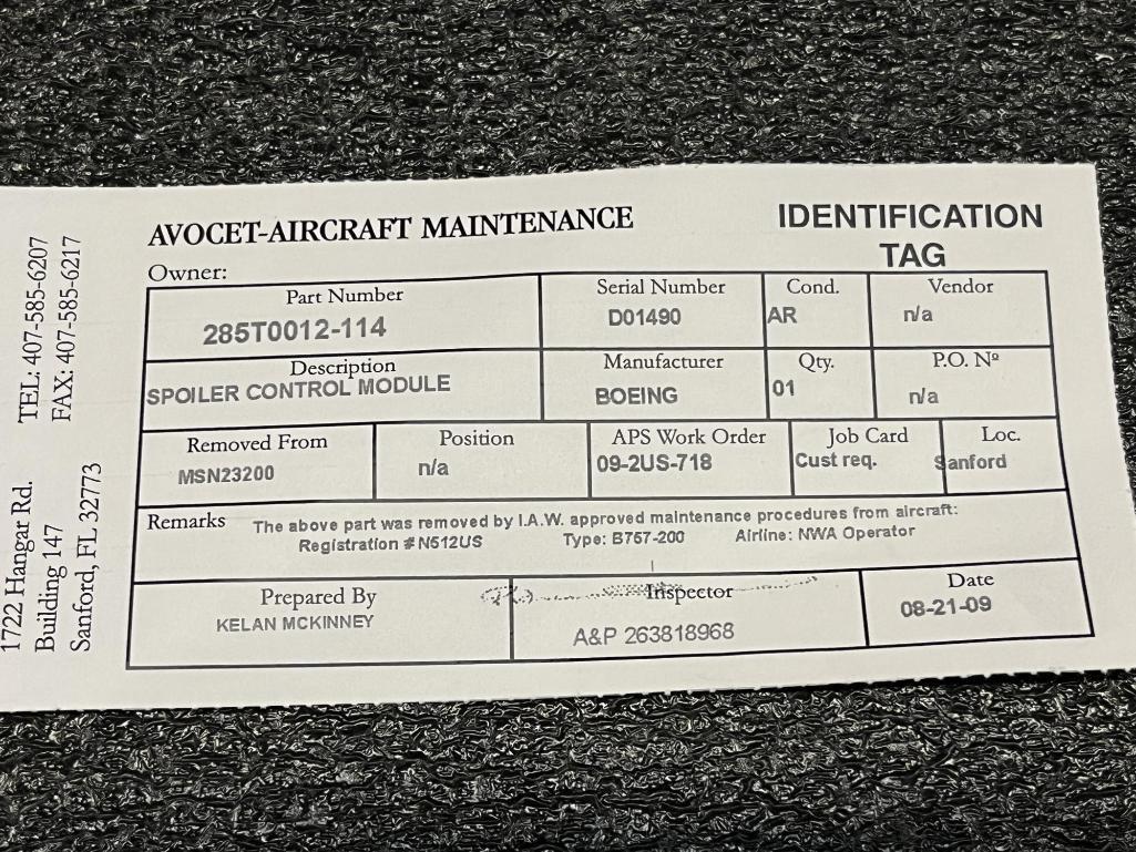 B767/B757 SPOILER CONTROL MODULES (2) 285T0012-110, (3) 285T0012-114, (1) 285T0012-116, (1)
