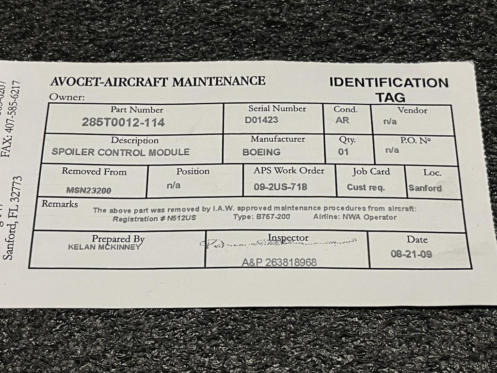B767/B757 SPOILER CONTROL MODULES (2) 285T0012-110, (3) 285T0012-114, (1) 285T0012-116, (1)