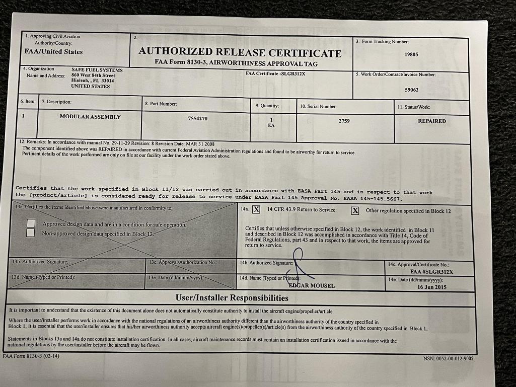 B747 HYDRAULIC MODULAR ASSY 7554270 (REPAIRED)