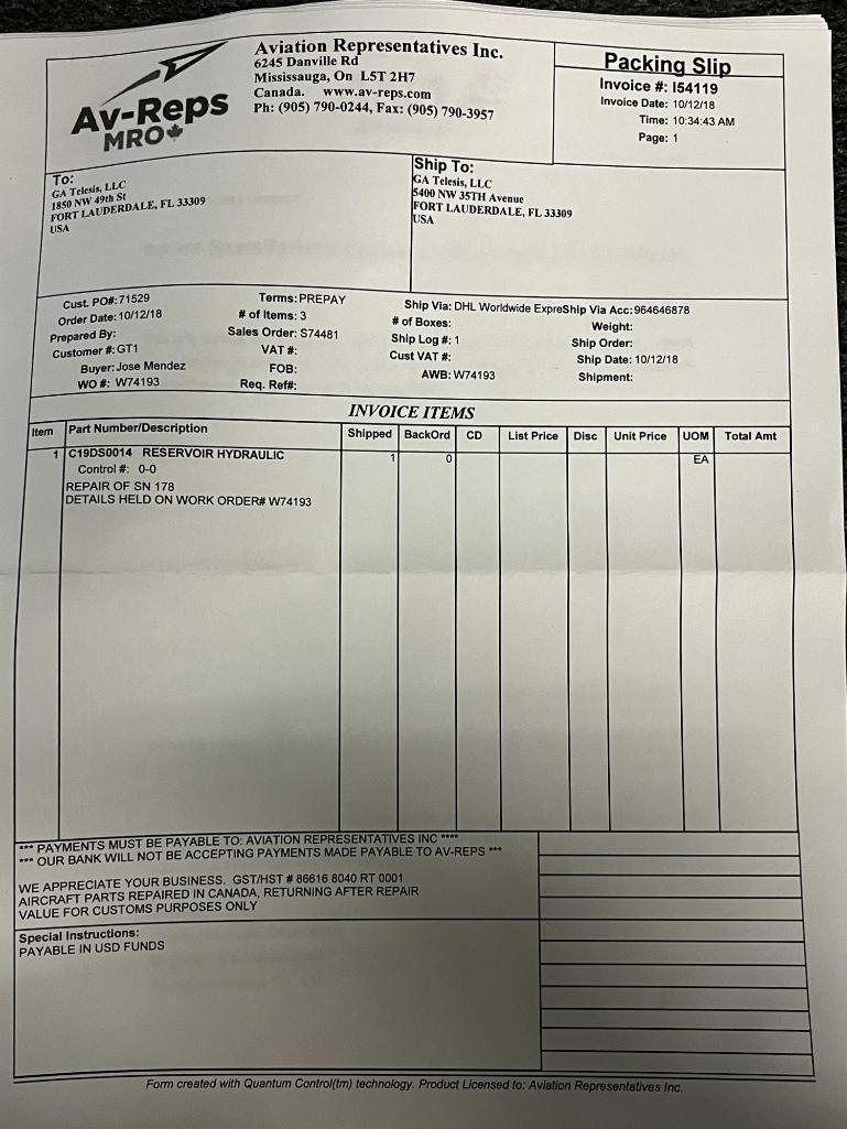 A320 HYDRAULIC RESERVOIR C19DS0014 (REPAIRED)