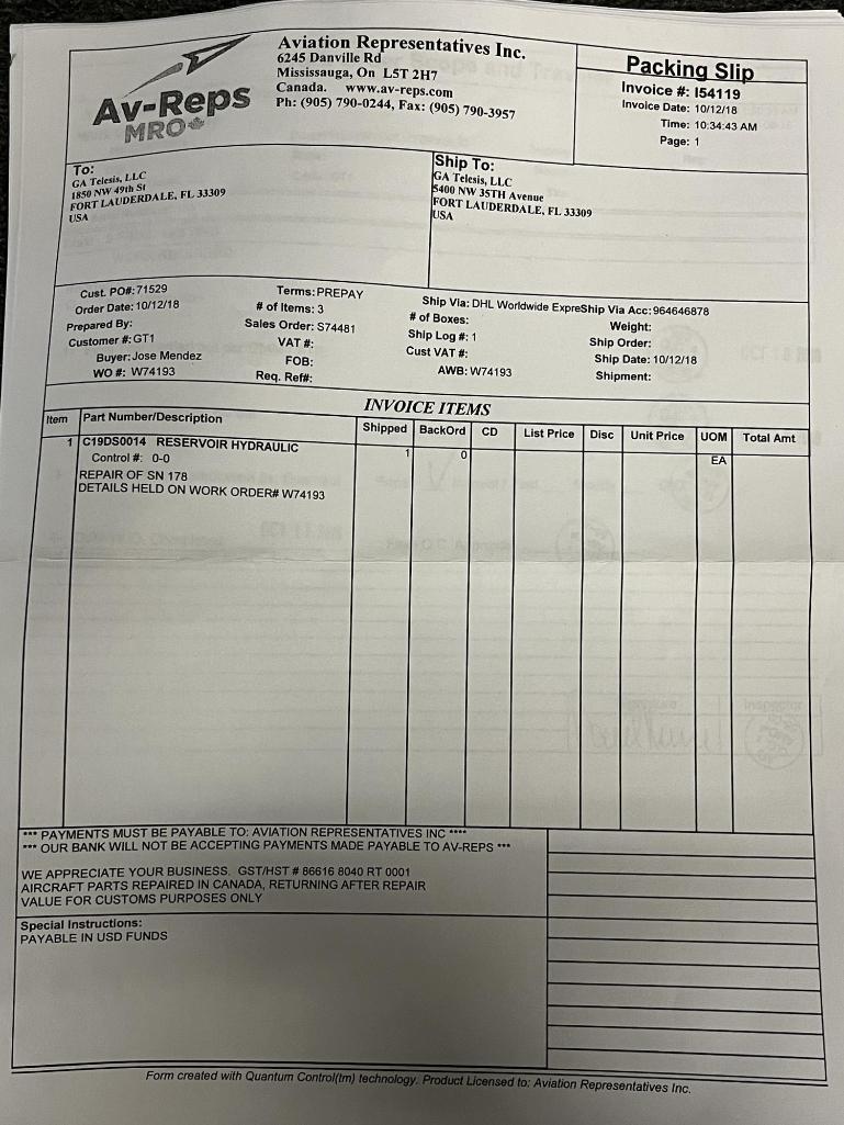 A320 HYDRAULIC RESERVOIR C19DS0014 (REPAIRED)