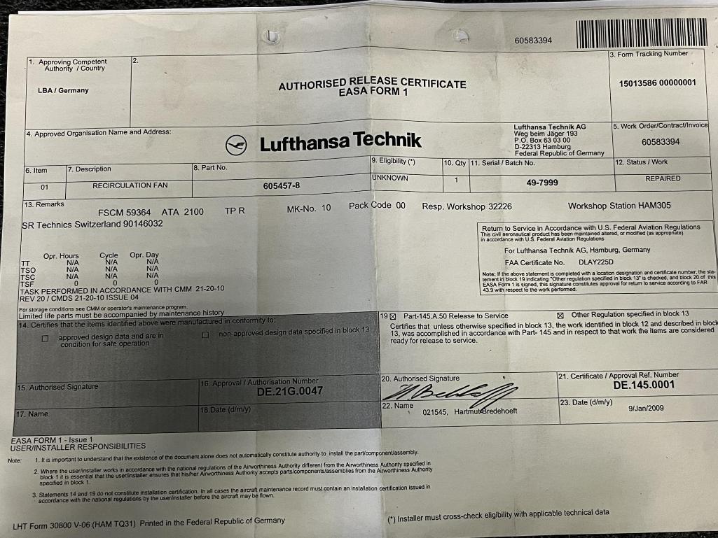 B767 FLIGHT DECK DISTRIBUTION FANS 605457-8 (REPAIRED)