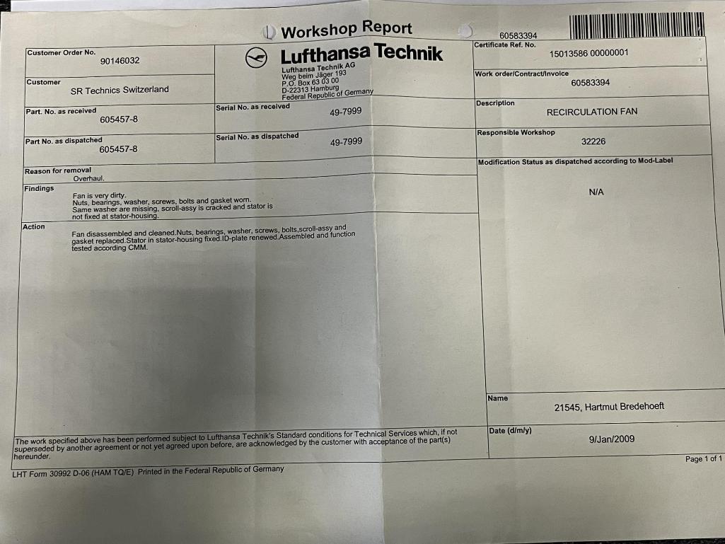 B767 FLIGHT DECK DISTRIBUTION FANS 605457-8 (REPAIRED)