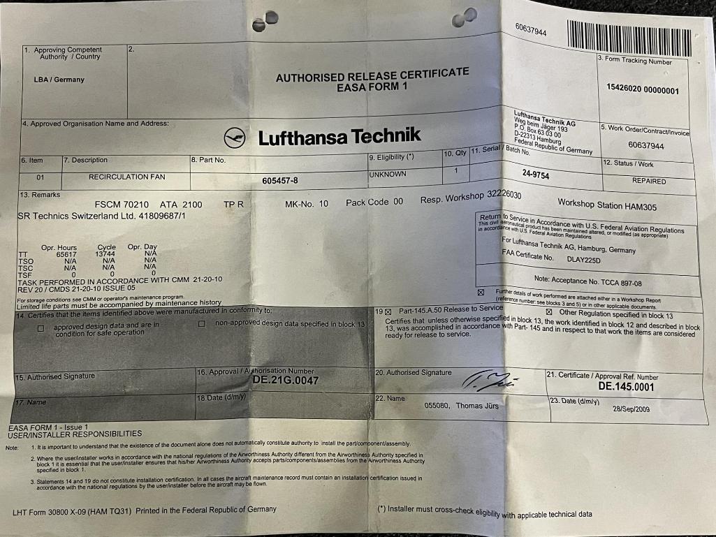 B767 FLIGHT DECK DISTRIBUTION FANS 605457-8 (REPAIRED)