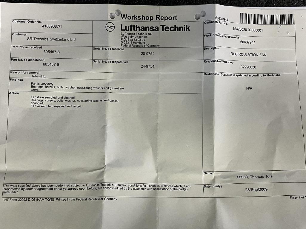 B767 FLIGHT DECK DISTRIBUTION FANS 605457-8 (REPAIRED)