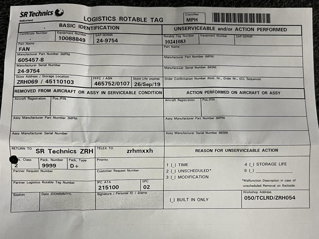 B767 FLIGHT DECK DISTRIBUTION FANS 605457-8 (REPAIRED)