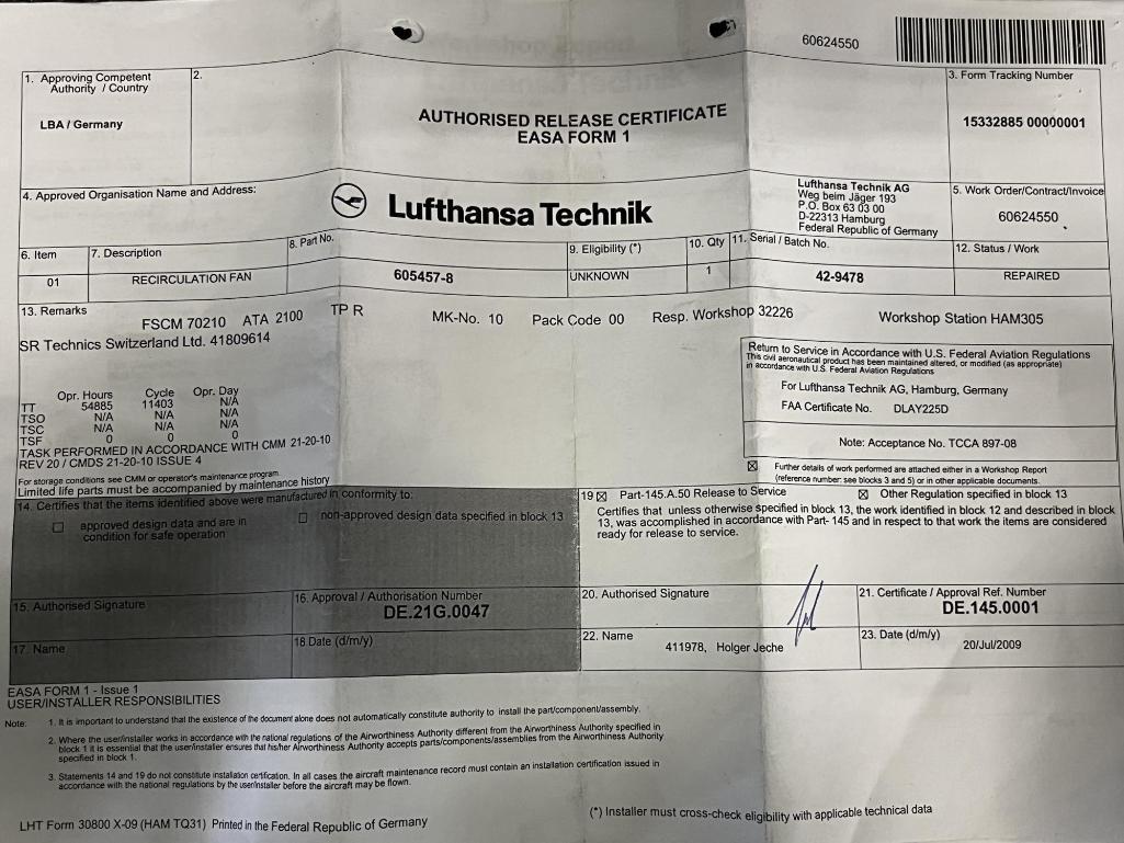 B767 FLIGHT DECK DISTRIBUTION FANS 605457-8 (REPAIRED)