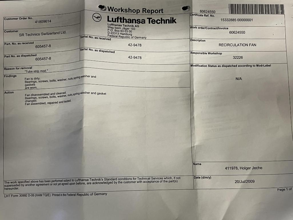 B767 FLIGHT DECK DISTRIBUTION FANS 605457-8 (REPAIRED)