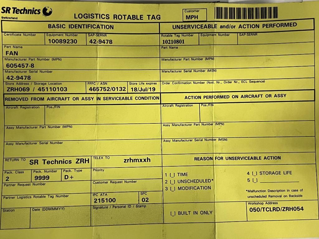 B767 FLIGHT DECK DISTRIBUTION FANS 605457-8 (REPAIRED)
