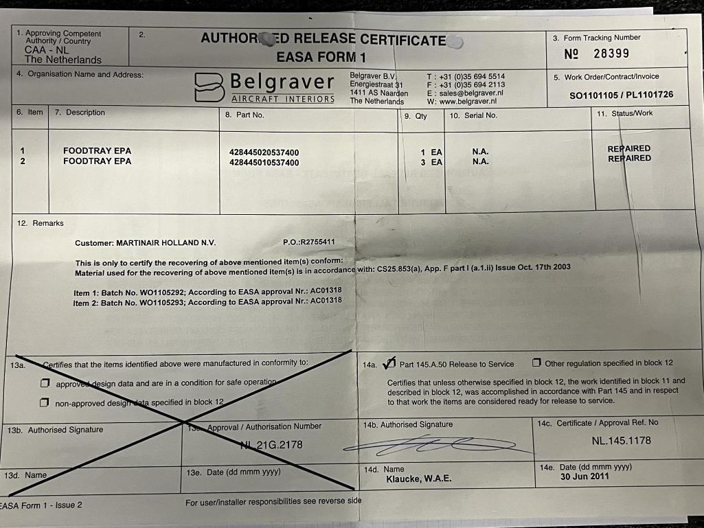 (LOT) B767/B737 EXTRUSION, ROD, & TRAY TABLES (3) 428445020537400, (1) 65-45166-8, (1)