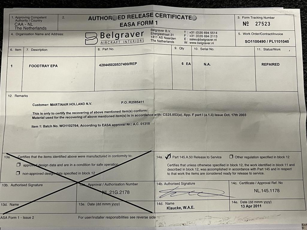 (LOT) B767/B737 EXTRUSION, ROD, & TRAY TABLES (3) 428445020537400, (1) 65-45166-8, (1)