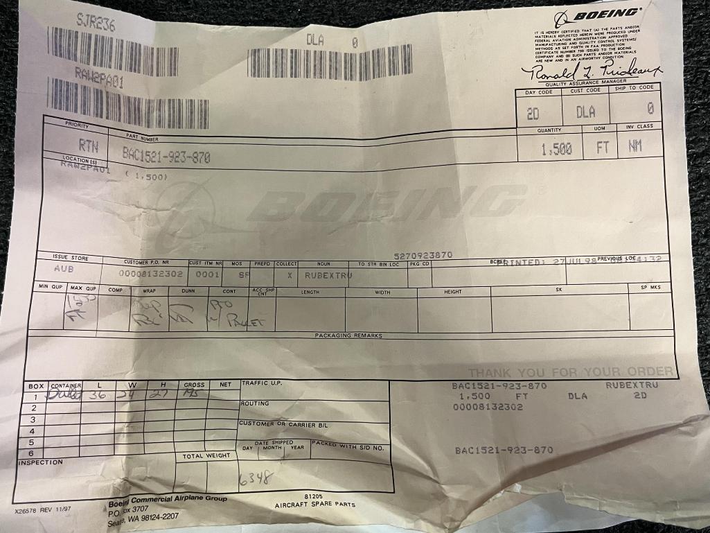 (LOT) B767/B737 EXTRUSION, ROD, & TRAY TABLES (3) 428445020537400, (1) 65-45166-8, (1)