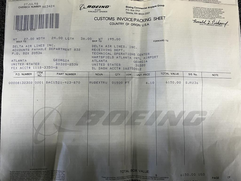 (LOT) B767/B737 EXTRUSION, ROD, & TRAY TABLES (3) 428445020537400, (1) 65-45166-8, (1)