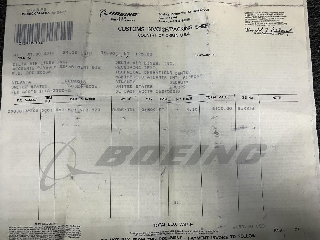 (LOT) B767/B737 EXTRUSION, ROD, & TRAY TABLES (3) 428445020537400, (1) 65-45166-8, (1)