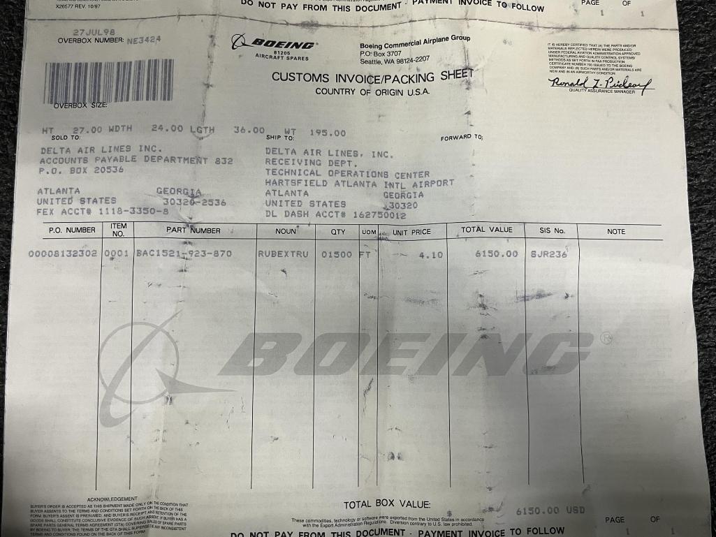 (LOT) B767/B737 EXTRUSION, ROD, & TRAY TABLES (3) 428445020537400, (1) 65-45166-8, (1)
