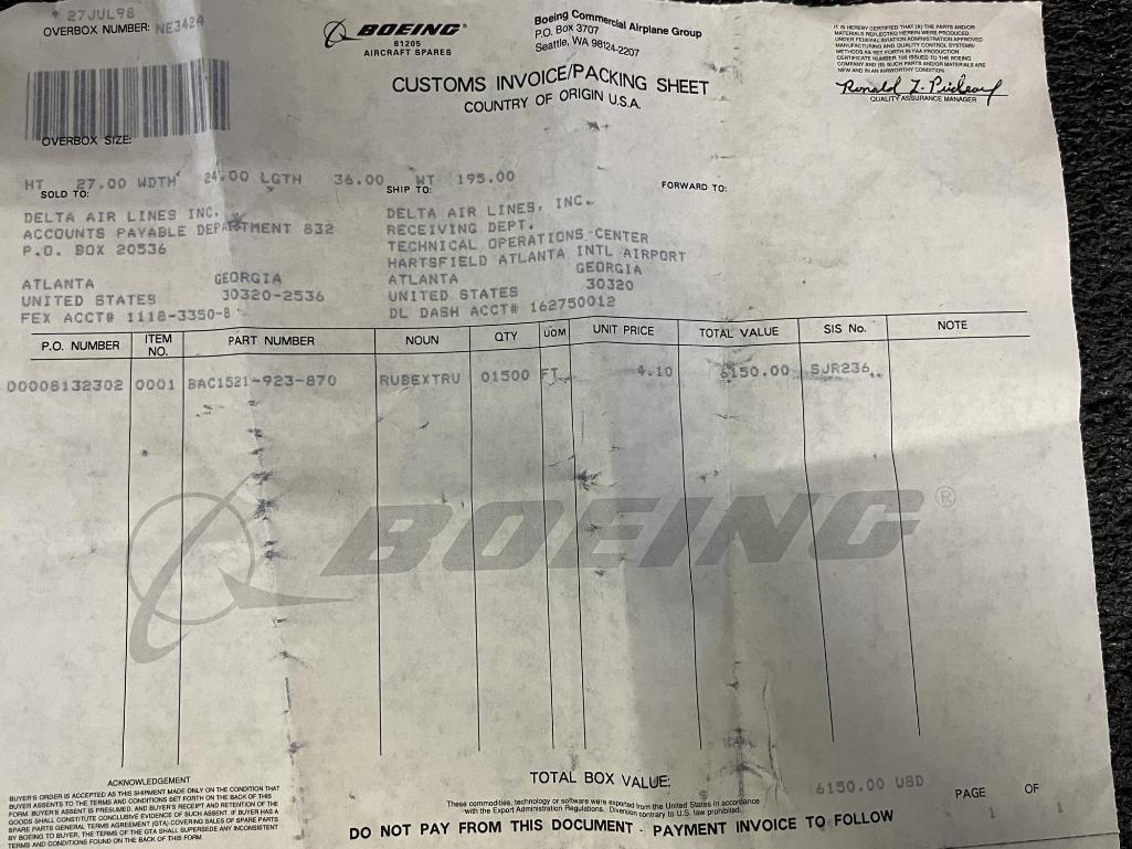 (LOT) B767/B737 EXTRUSION, ROD, & TRAY TABLES (3) 428445020537400, (1) 65-45166-8, (1)