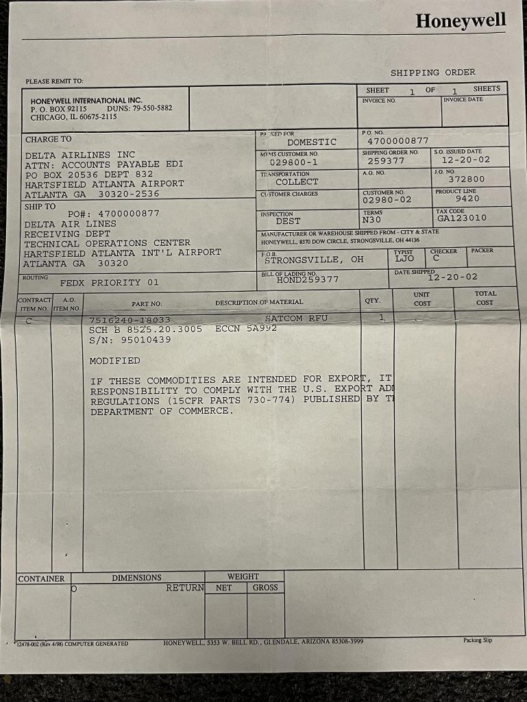 HONEYWELL RF-600 RADIO FREQUENCY UNITS 7516240-18033 (INSPECTED)