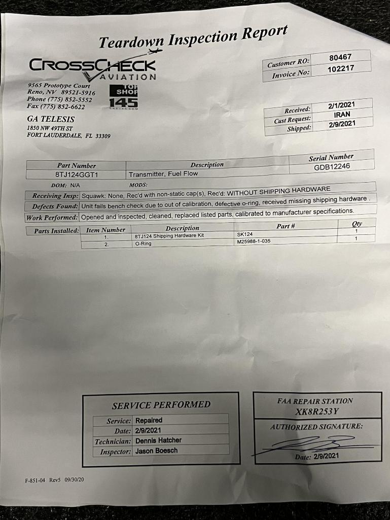 CF6 FUEL FLOW TRANSMITTERS 8TJ124GGT1 (1-REPAIRED, 2-INSPECTED/TESTED)