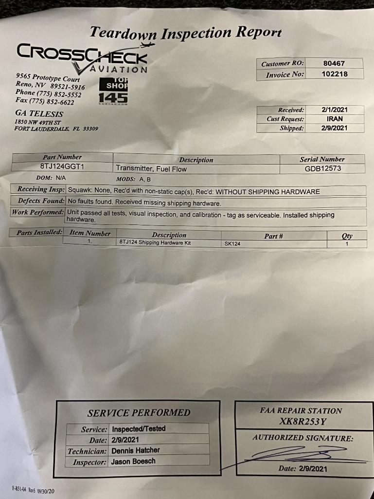CF6 FUEL FLOW TRANSMITTERS 8TJ124GGT1 (1-REPAIRED, 2-INSPECTED/TESTED)
