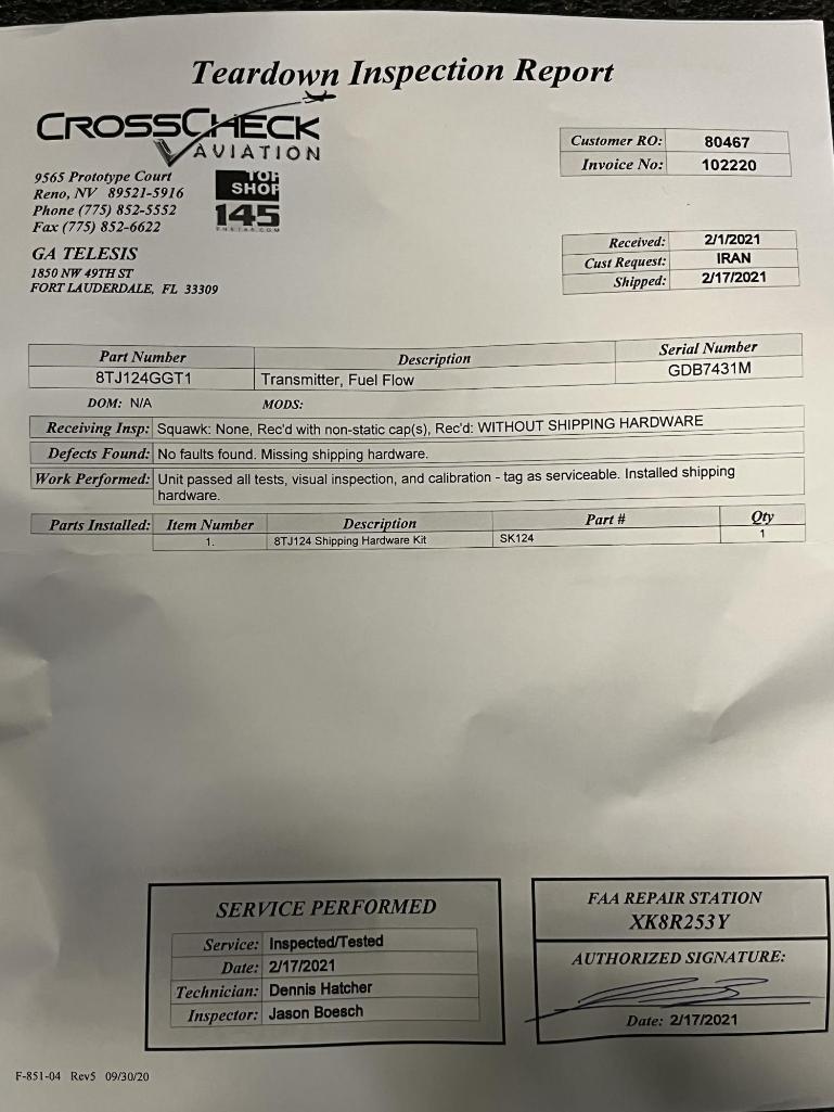 CF6 FUEL FLOW TRANSMITTERS 8TJ124GGT1 (1-REPAIRED, 2-INSPECTED/TESTED)