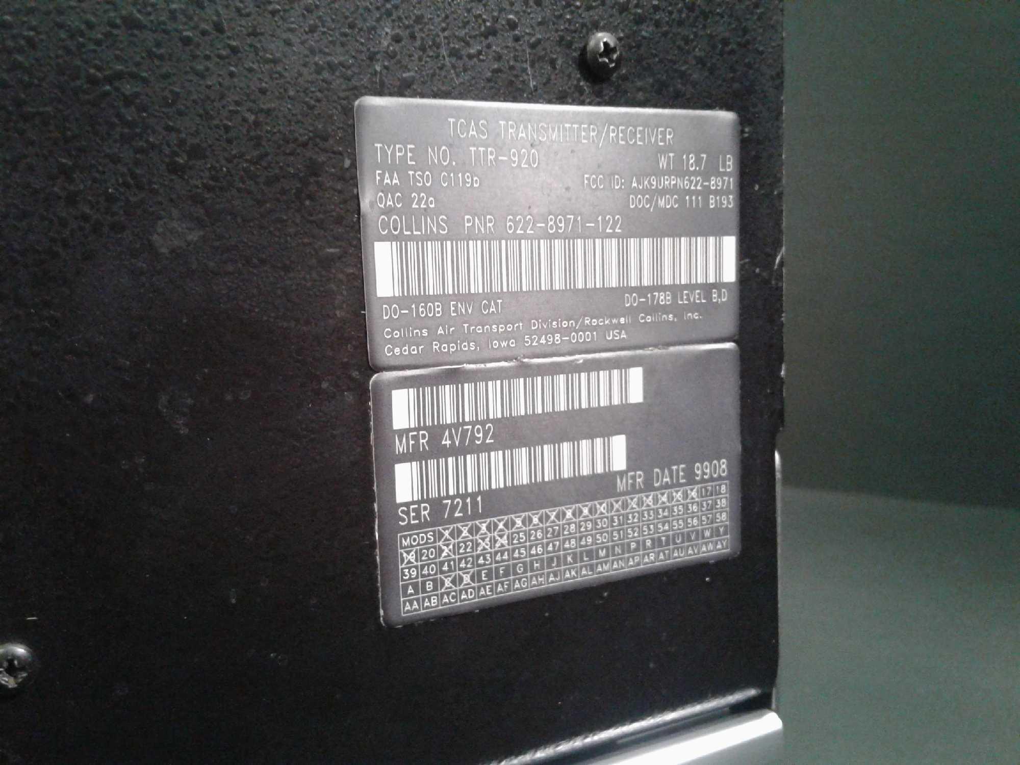 COLLINS TTR-920 TCAS TRANSCEIVER 622-8971-122 (REMOVED FOR UPGRADE)