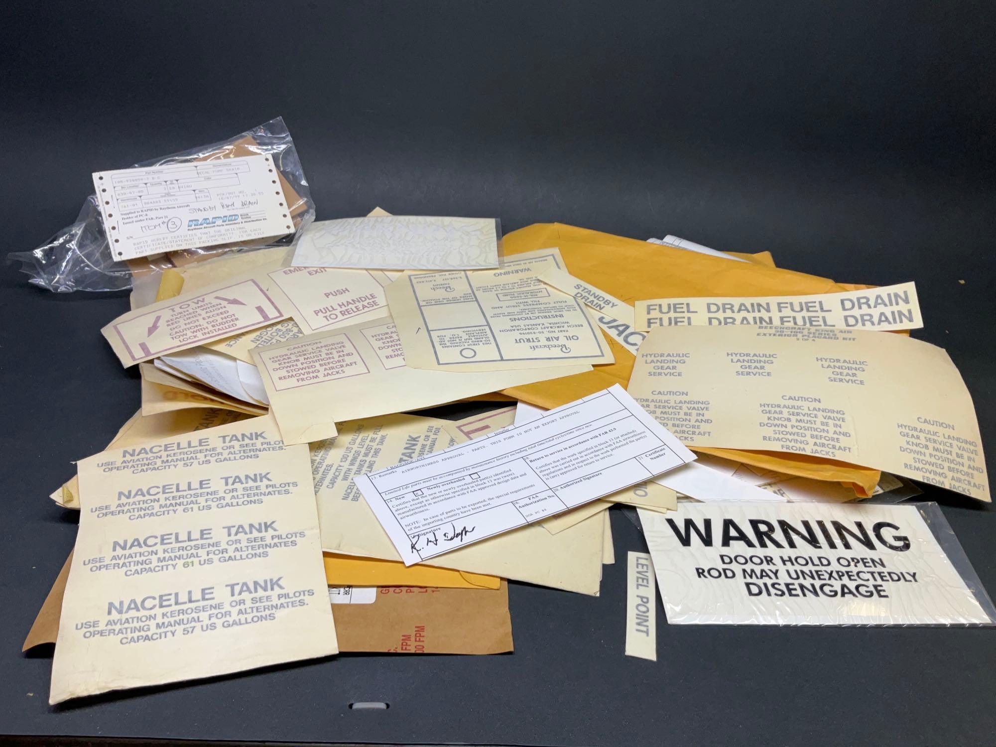 NEW KING AIR WING WINDOW SEAL 101-420126-1, COWL SEAL 101-910049-100, PLACARDS AND P-BARON BULKHEAD