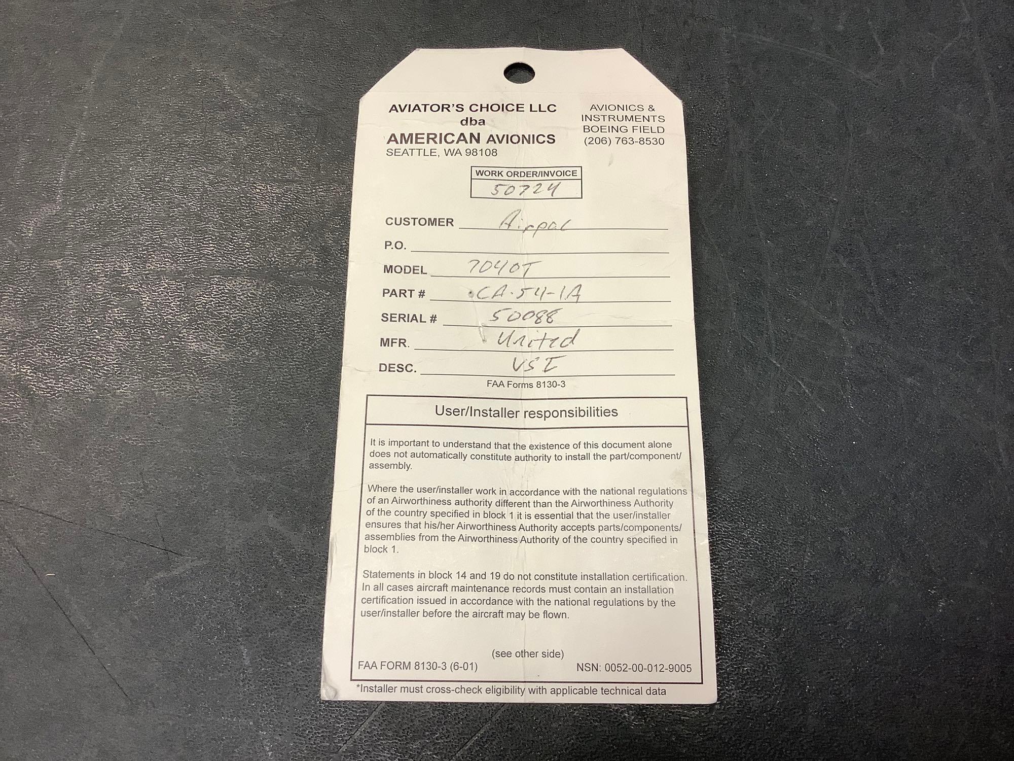 UNITED INSTRUMENTS VSI, CA-54-1A, ALT# 7040T (REPAIRED)