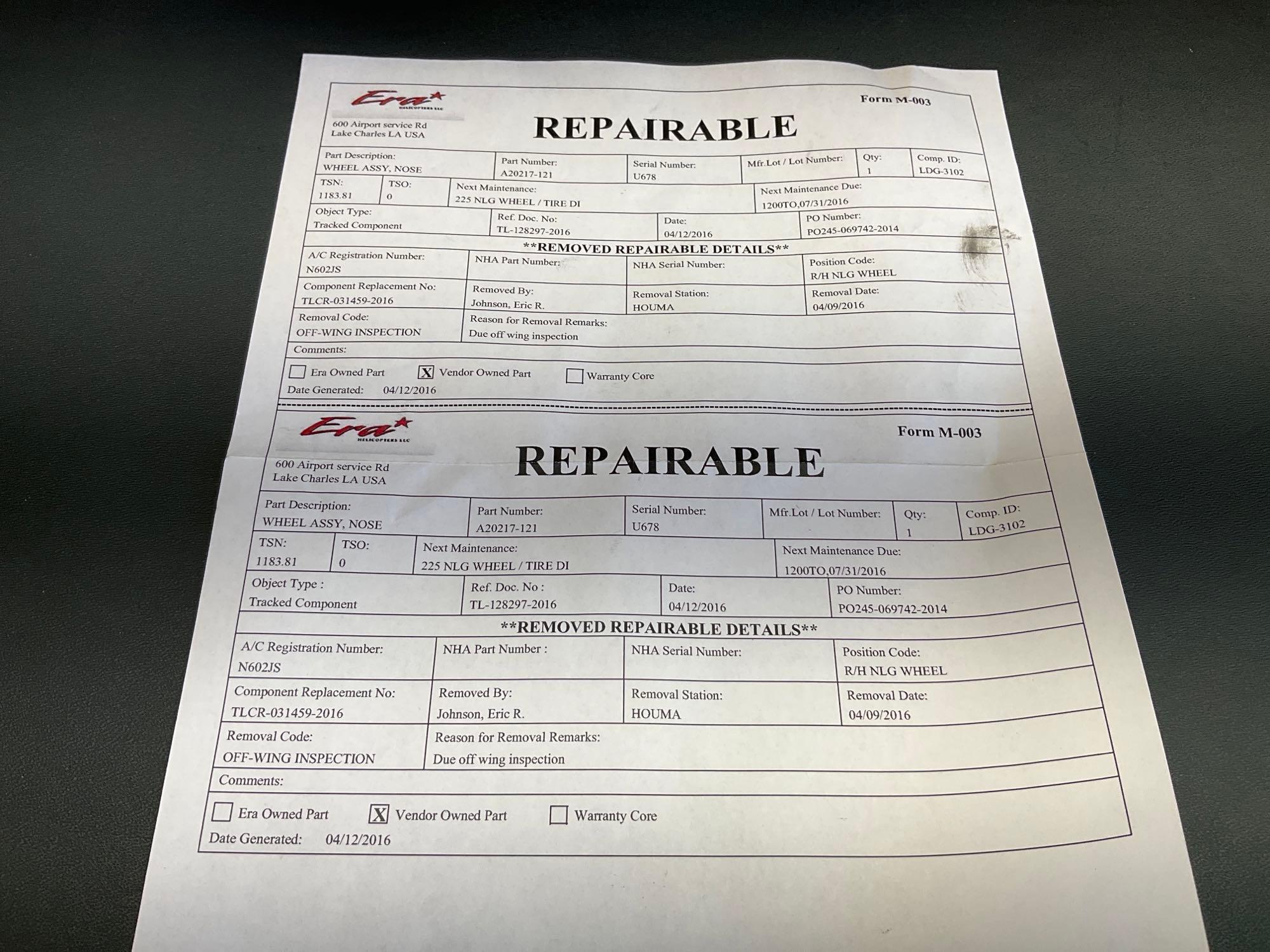 NOSE WHEEL ASSYS C20525000, A20217-121 (2 REMOVED FOR INSPECTION, 1 NO PAPERWORK)