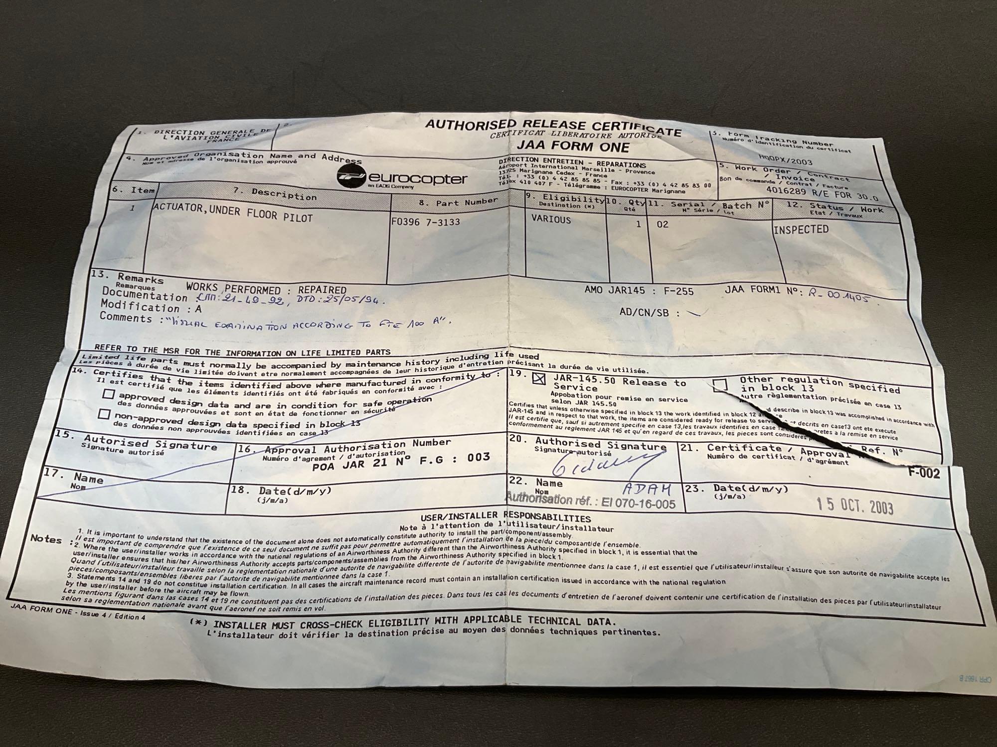 PILOT SIDE ROTARY ACTUATOR 7-3133 ALT# 704A43230009 (INSPECTED)